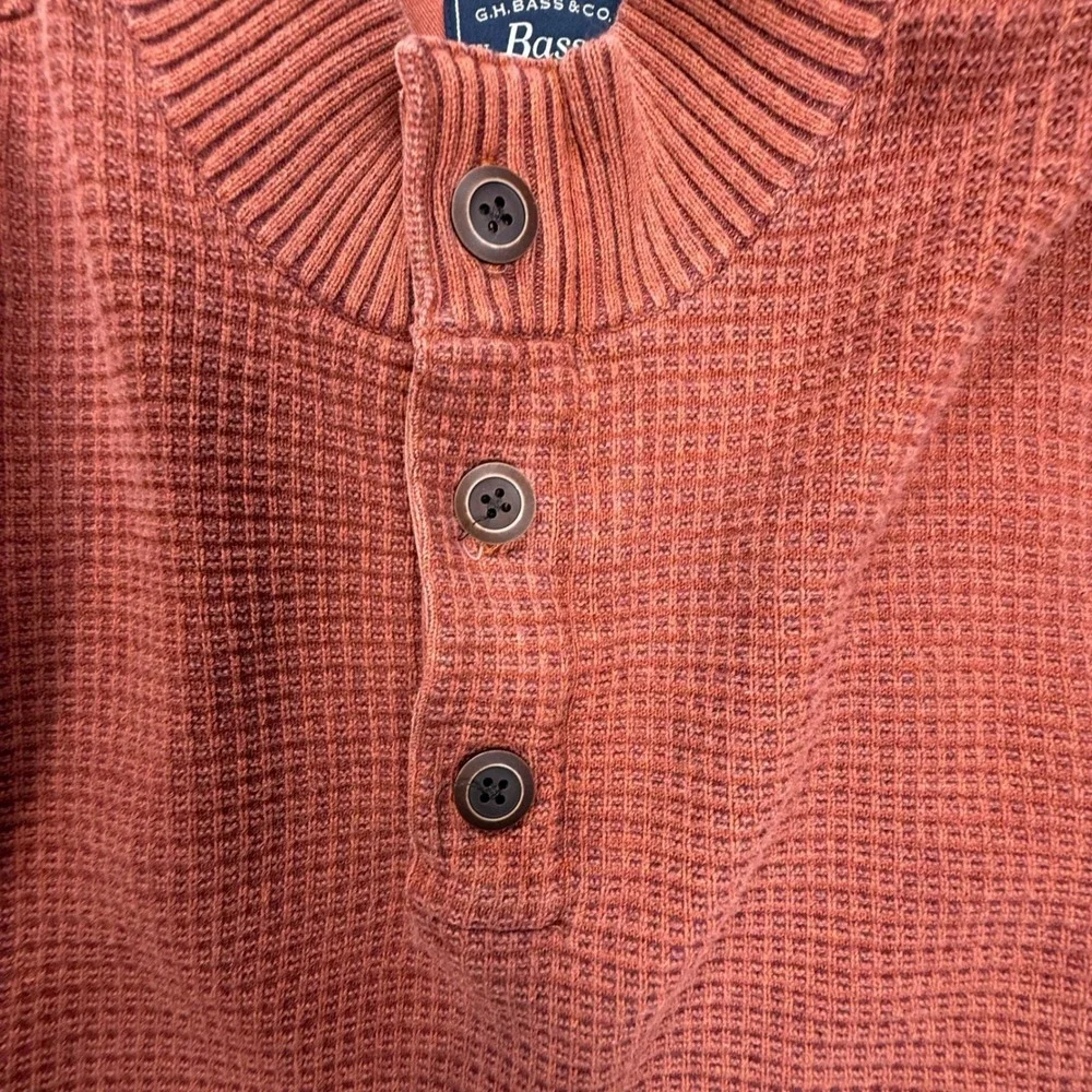 GH Bass Mens Large Rust Orange Waffle Knit Mock Neck Button‎ Henley Sweater L